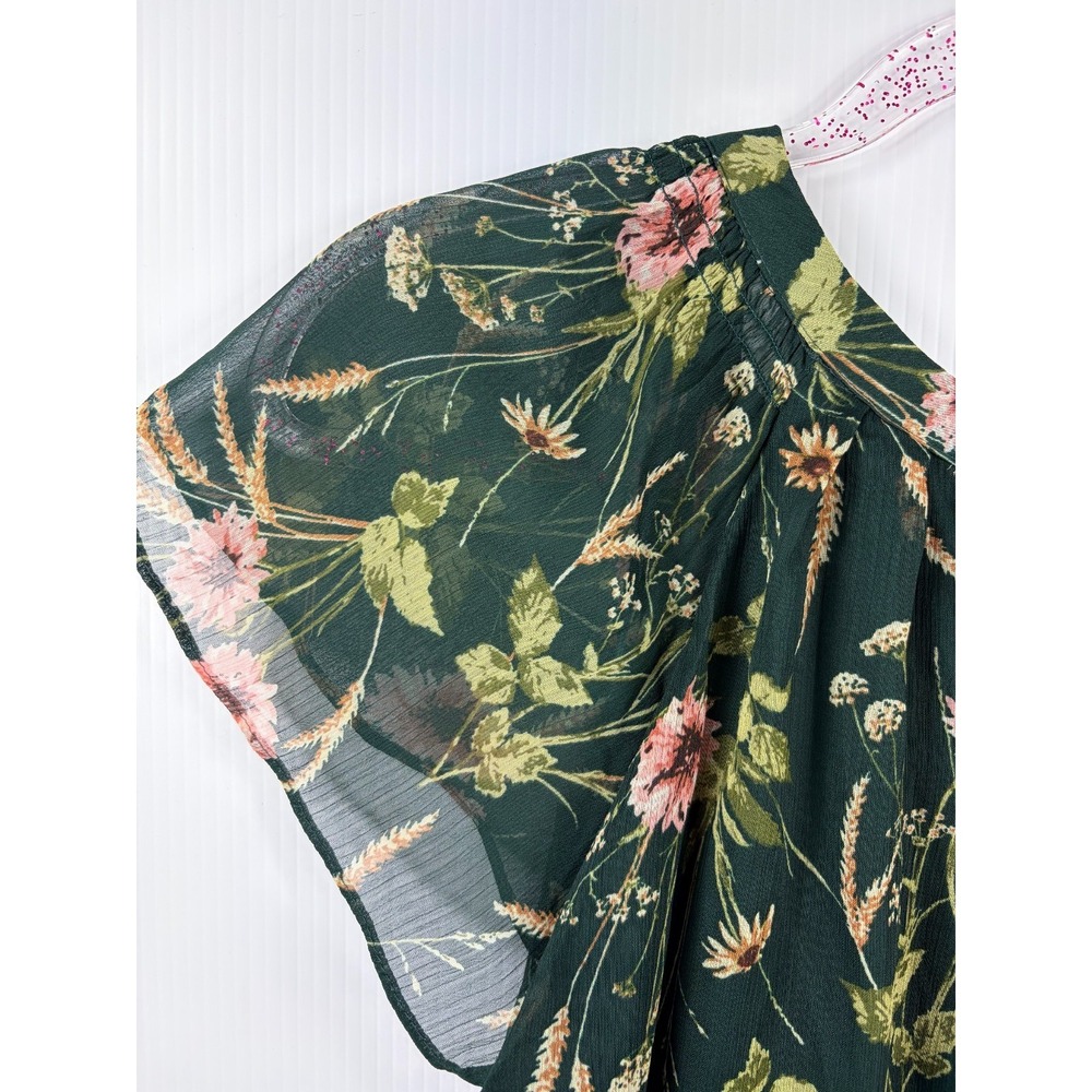 LC Lauren Conrad Top Womens Small Green Floral Sheer Flutter Sleeve Blouse Chic - Picture 3 of 8